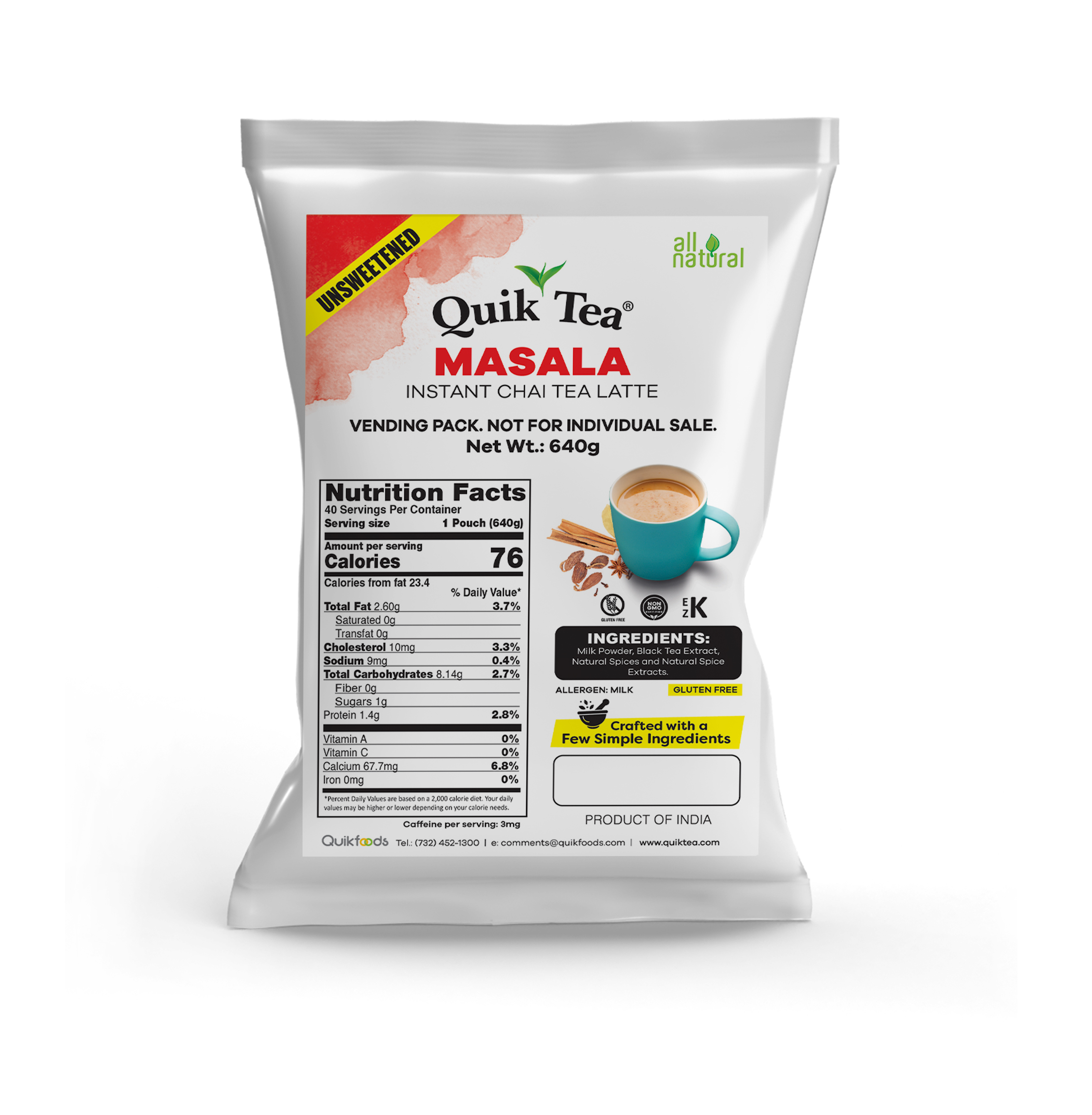Unsweetened Masala Chai Tea Latte 640g - Food Service Pack
